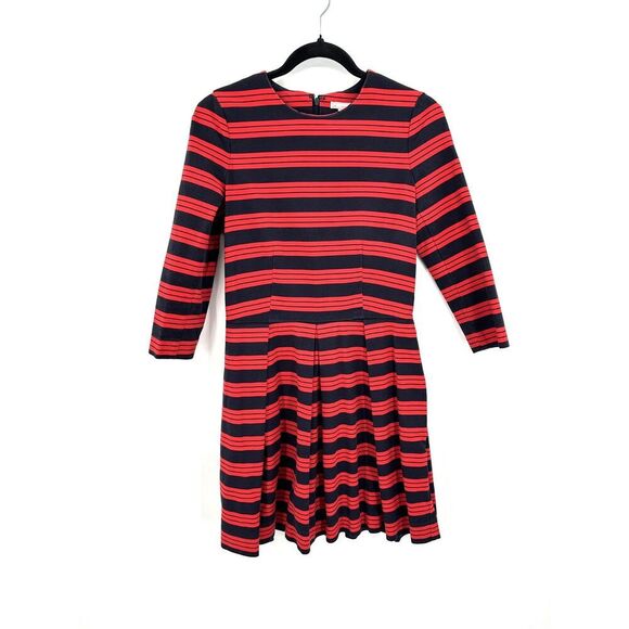 GAP Navy Blue Red Stripe 3/4 Sleeve Pleated Fit & Flare Office Mini Dress Size 4 - Picture 1 of 8